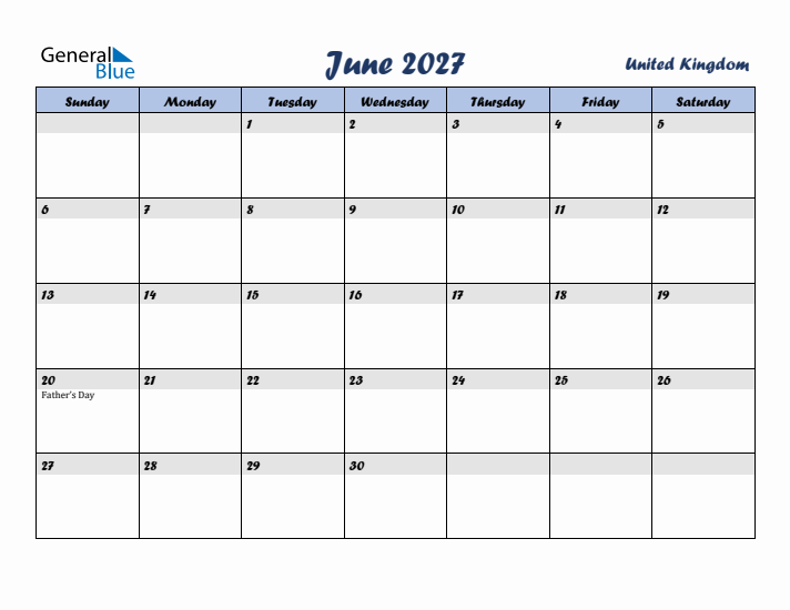 June 2027 Calendar with Holidays in United Kingdom