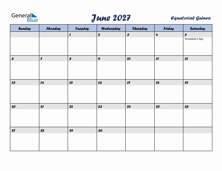 June 2027 Calendar with Holidays in Equatorial Guinea