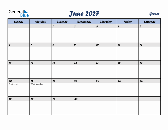 June 2027 Calendar with Holidays in Greece