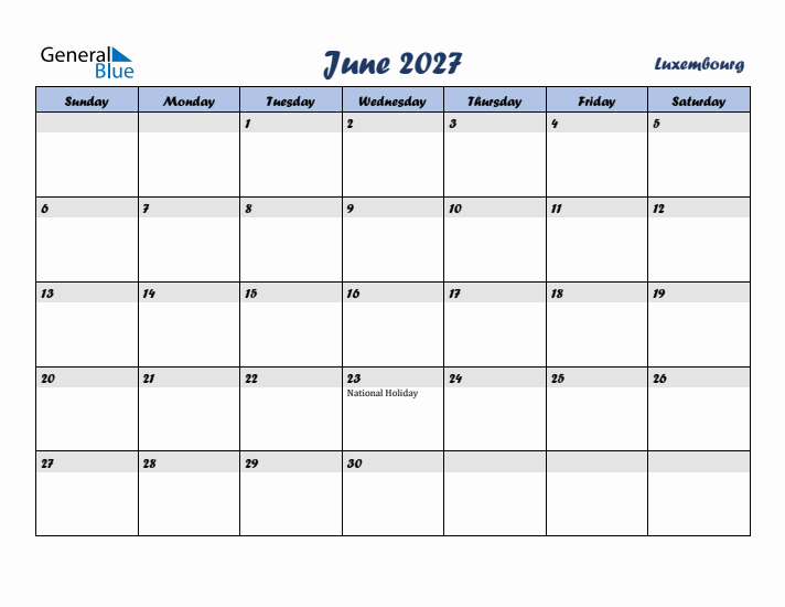 June 2027 Calendar with Holidays in Luxembourg