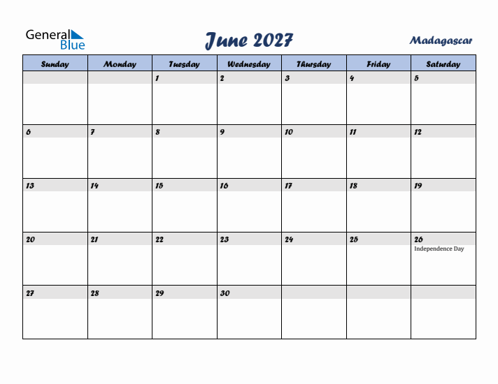 June 2027 Calendar with Holidays in Madagascar