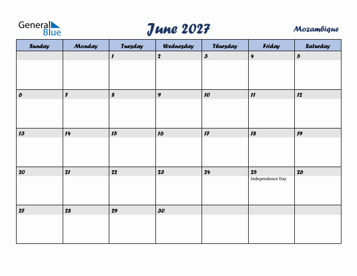 June 2027 Calendar with Holidays in Mozambique