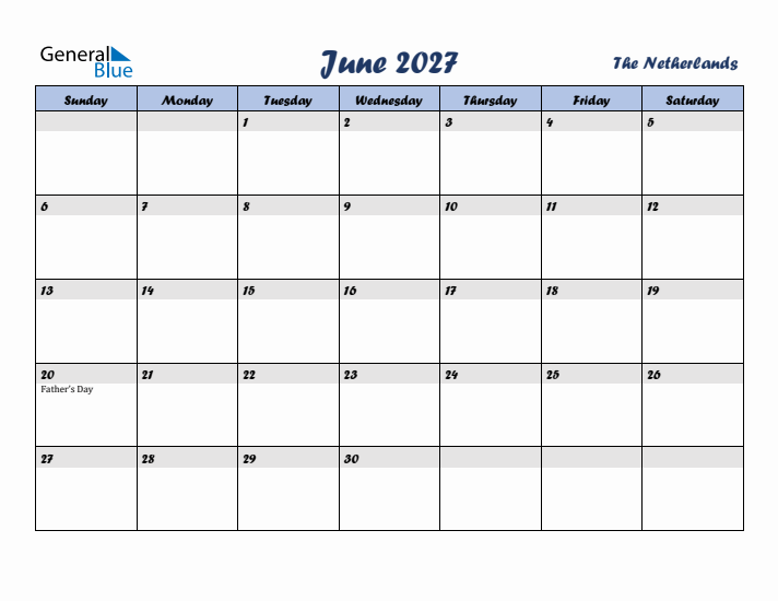 June 2027 Calendar with Holidays in The Netherlands