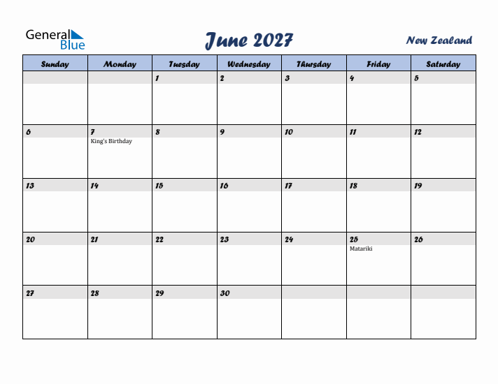 June 2027 Calendar with Holidays in New Zealand