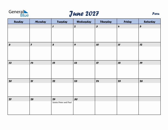 June 2027 Calendar with Holidays in Peru