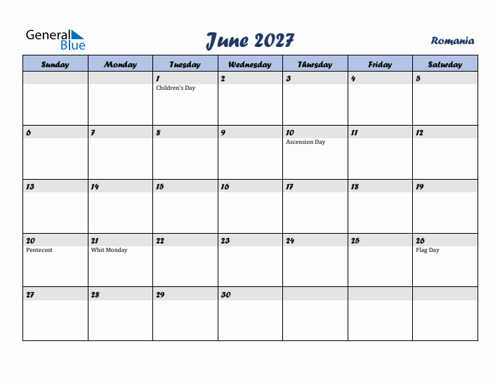 June 2027 Calendar with Holidays in Romania