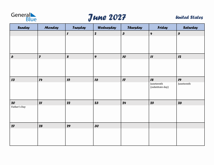 June 2027 Calendar with Holidays in United States