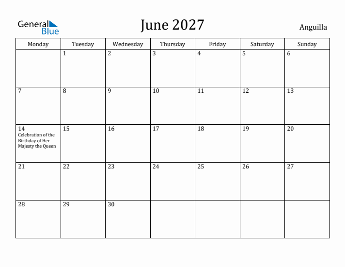 June 2027 Calendar Anguilla