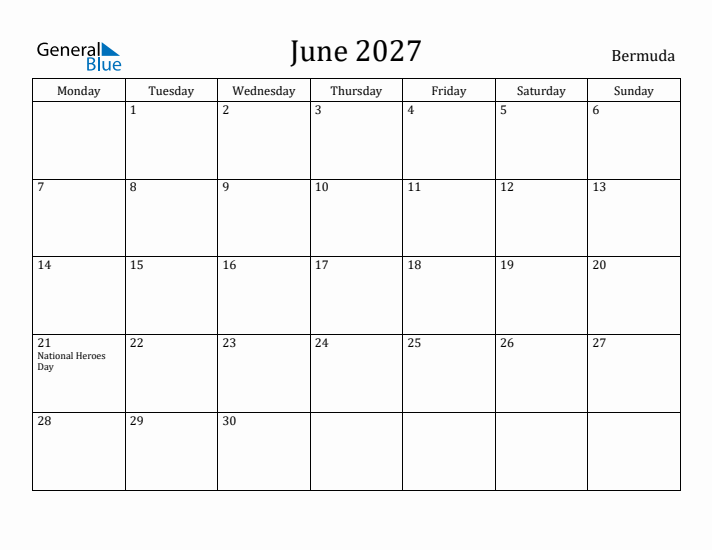 June 2027 Calendar Bermuda