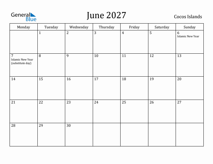 June 2027 Calendar Cocos Islands