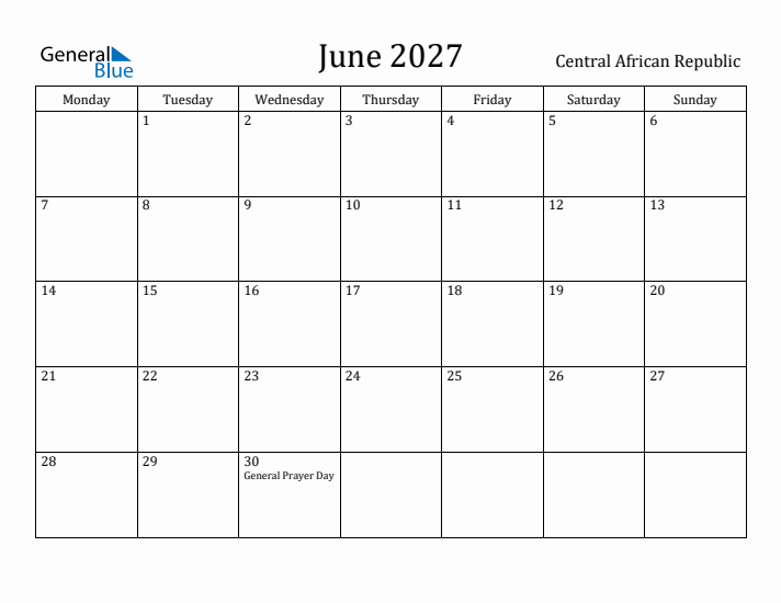 June 2027 Calendar Central African Republic