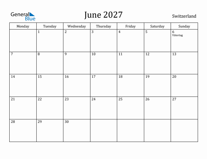 June 2027 Calendar Switzerland