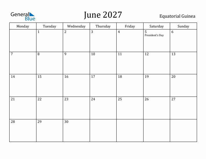 June 2027 Calendar Equatorial Guinea