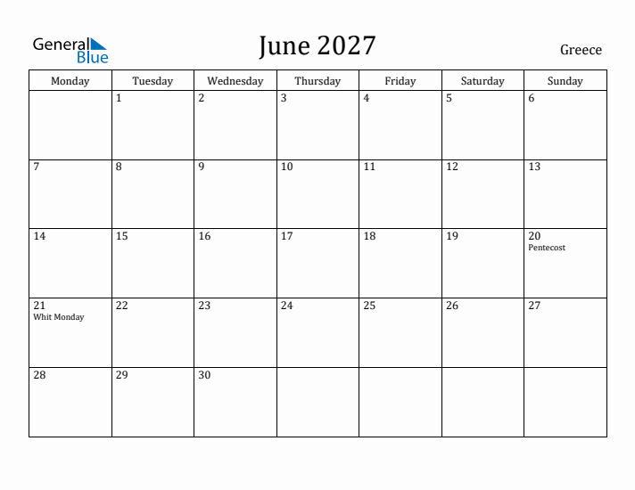 June 2027 Calendar Greece