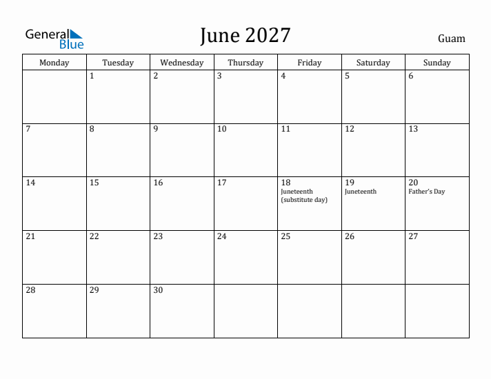 June 2027 Calendar Guam