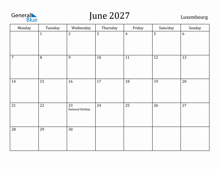 June 2027 Calendar Luxembourg