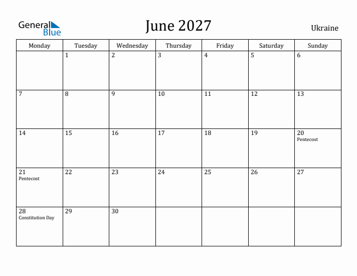 June 2027 Calendar Ukraine