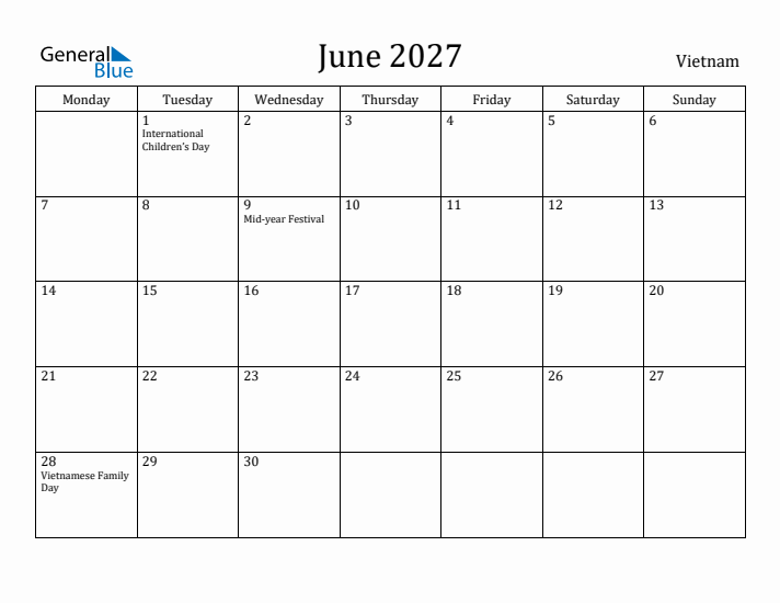 June 2027 Calendar Vietnam