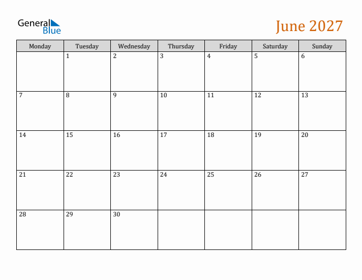 Editable June 2027 Calendar