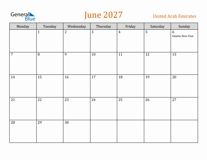 June 2027 Holiday Calendar with Monday Start