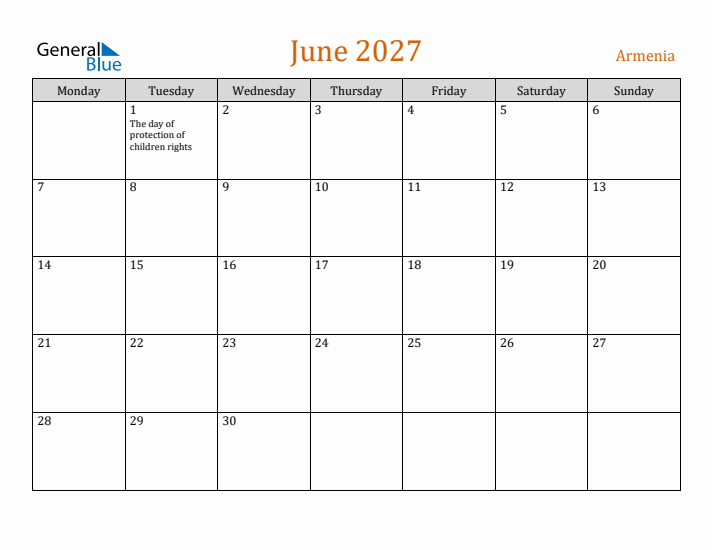 June 2027 Holiday Calendar with Monday Start