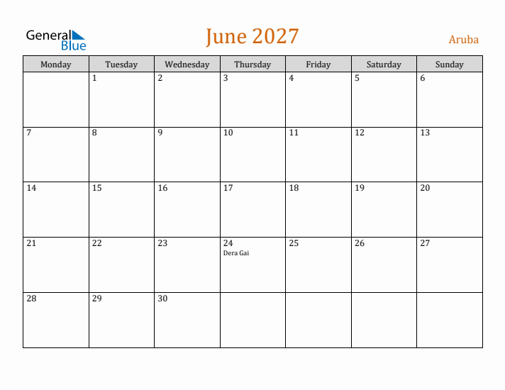 June 2027 Holiday Calendar with Monday Start