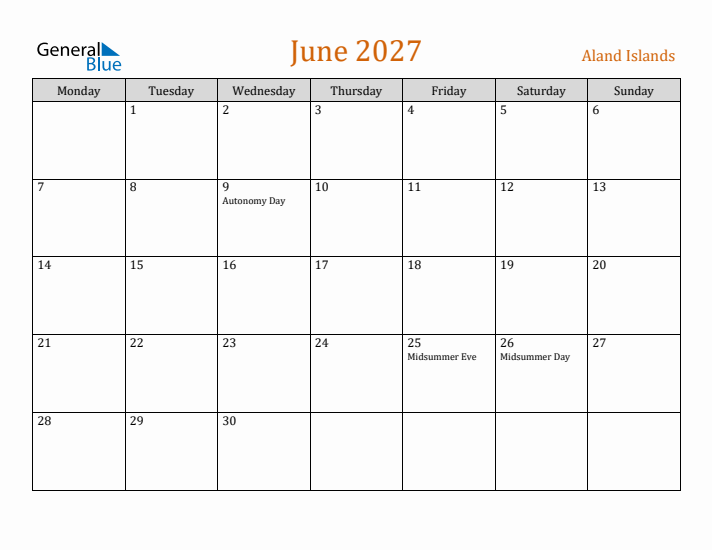 June 2027 Holiday Calendar with Monday Start