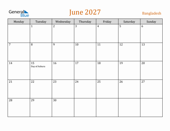 June 2027 Holiday Calendar with Monday Start