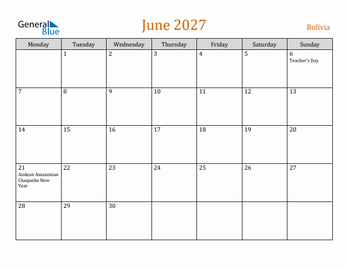 June 2027 Holiday Calendar with Monday Start