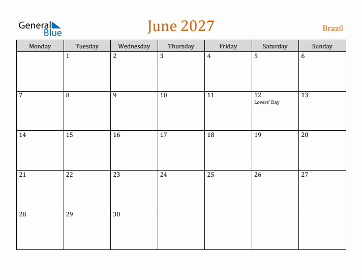 June 2027 Holiday Calendar with Monday Start