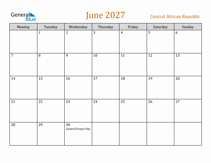 June 2027 Holiday Calendar with Monday Start