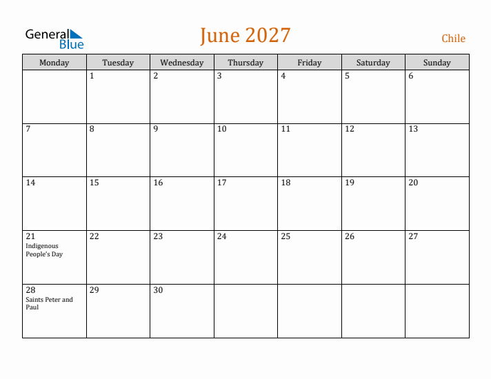 June 2027 Holiday Calendar with Monday Start