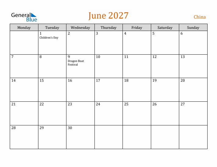 June 2027 Holiday Calendar with Monday Start