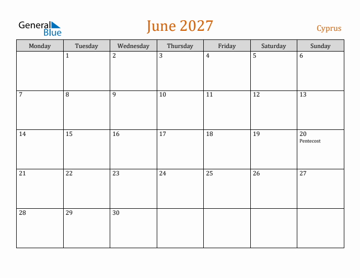 June 2027 Holiday Calendar with Monday Start