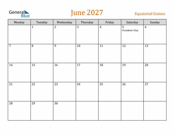 June 2027 Holiday Calendar with Monday Start