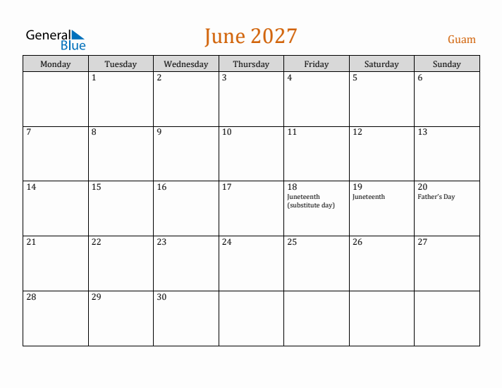 June 2027 Holiday Calendar with Monday Start