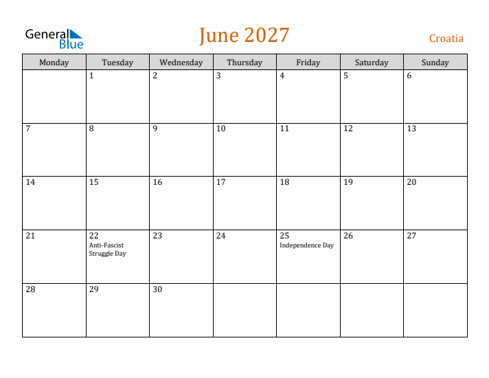 June 2027 Holiday Calendar with Monday Start