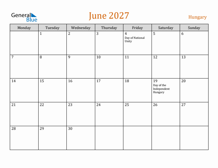 June 2027 Holiday Calendar with Monday Start