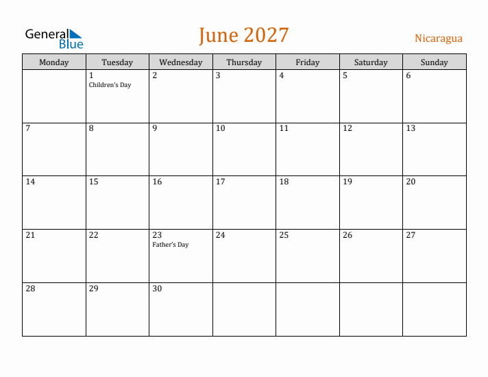 June 2027 Holiday Calendar with Monday Start