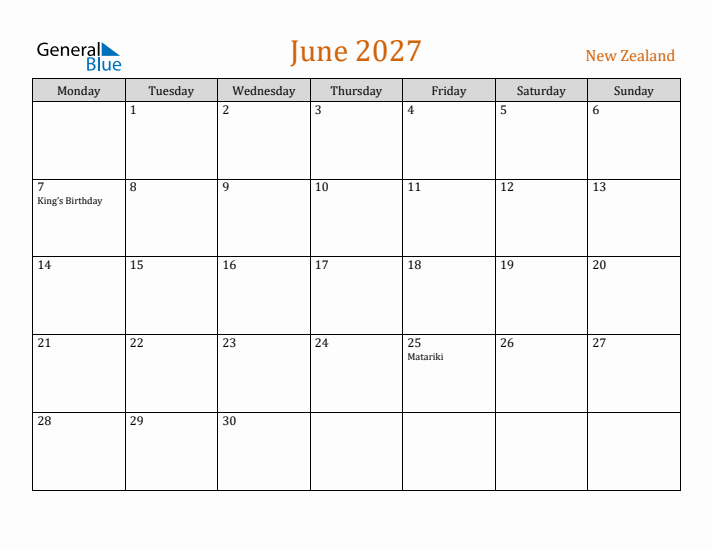 June 2027 Holiday Calendar with Monday Start