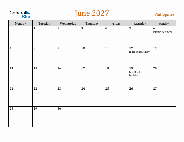 June 2027 Holiday Calendar with Monday Start