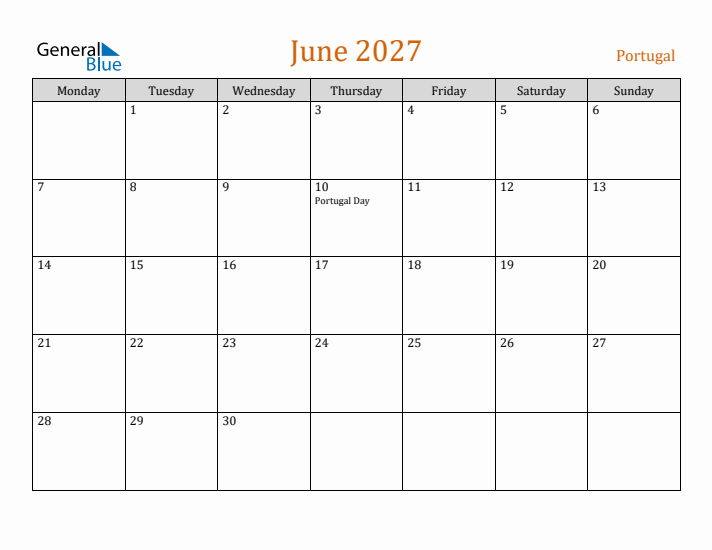 June 2027 Holiday Calendar with Monday Start