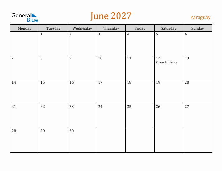 June 2027 Holiday Calendar with Monday Start