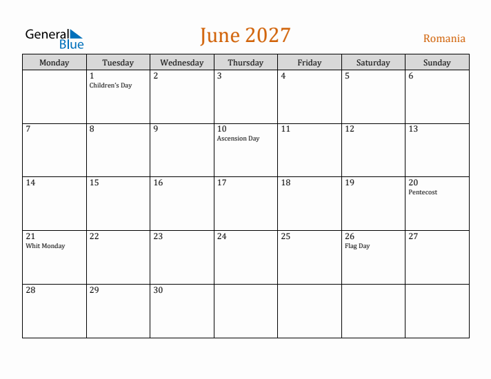 June 2027 Holiday Calendar with Monday Start