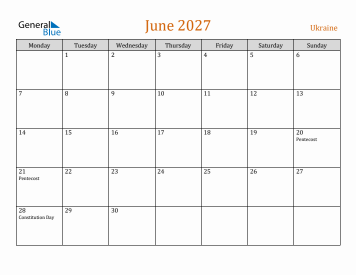 June 2027 Holiday Calendar with Monday Start