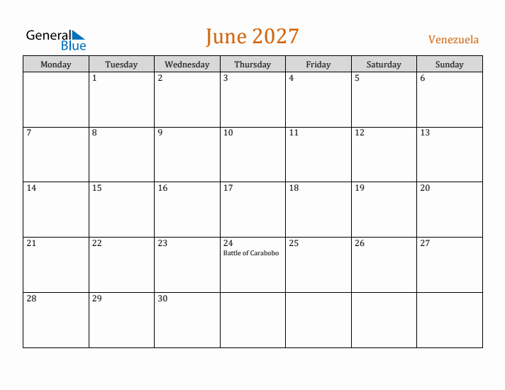 June 2027 Holiday Calendar with Monday Start