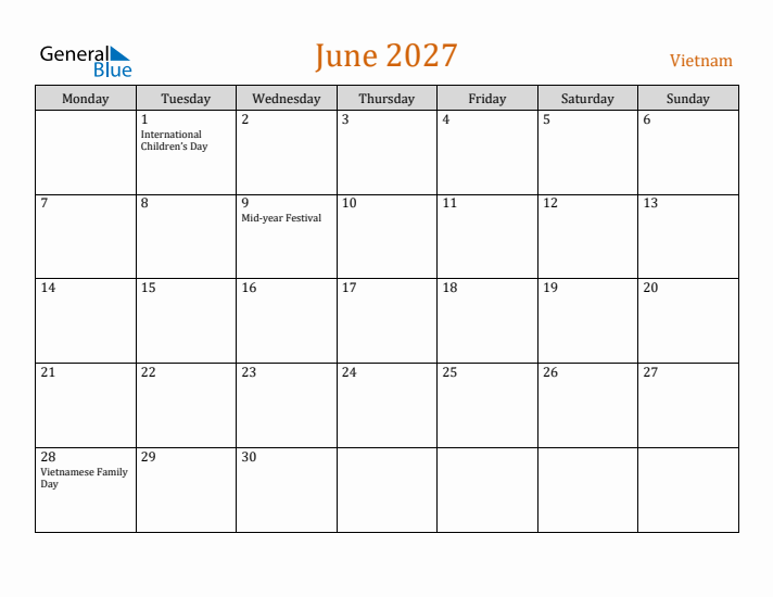 June 2027 Holiday Calendar with Monday Start