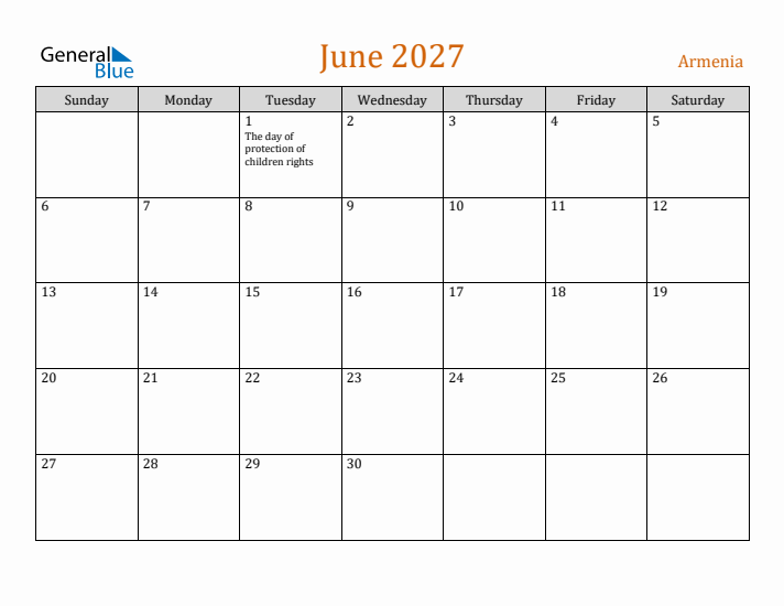 June 2027 Holiday Calendar with Sunday Start