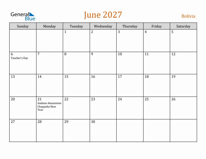 June 2027 Holiday Calendar with Sunday Start