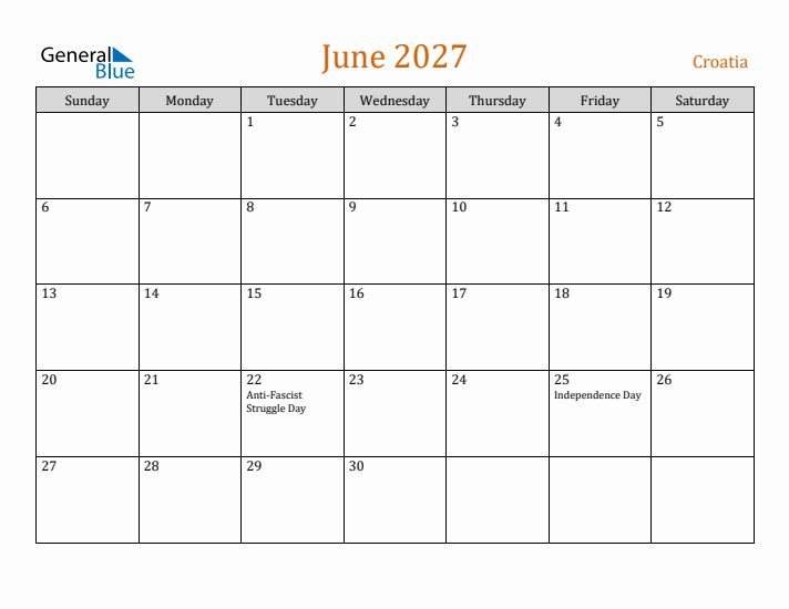 June 2027 Holiday Calendar with Sunday Start